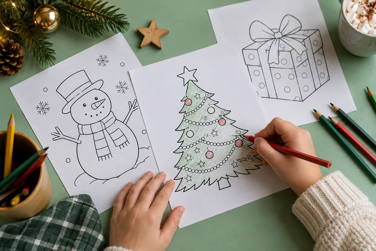 Des mains colorient un sapin près de dessins de bonhomme de neige et de cadeau