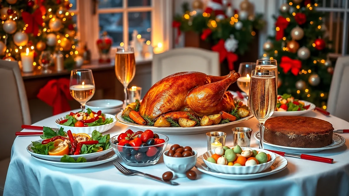 Dinde rôtie garnie de légumes et de romarin sur une table de Noël Dinde rôtie garnie de légumes et de romarin sur une table de Noël