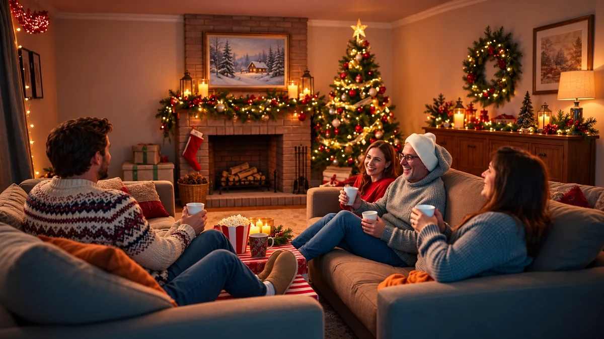 Illustration de quatre adultes discutant autour de boissons dans un salon décoré pour Noël Illustration de quatre adultes discutant autour de boissons dans un salon décoré pour Noël