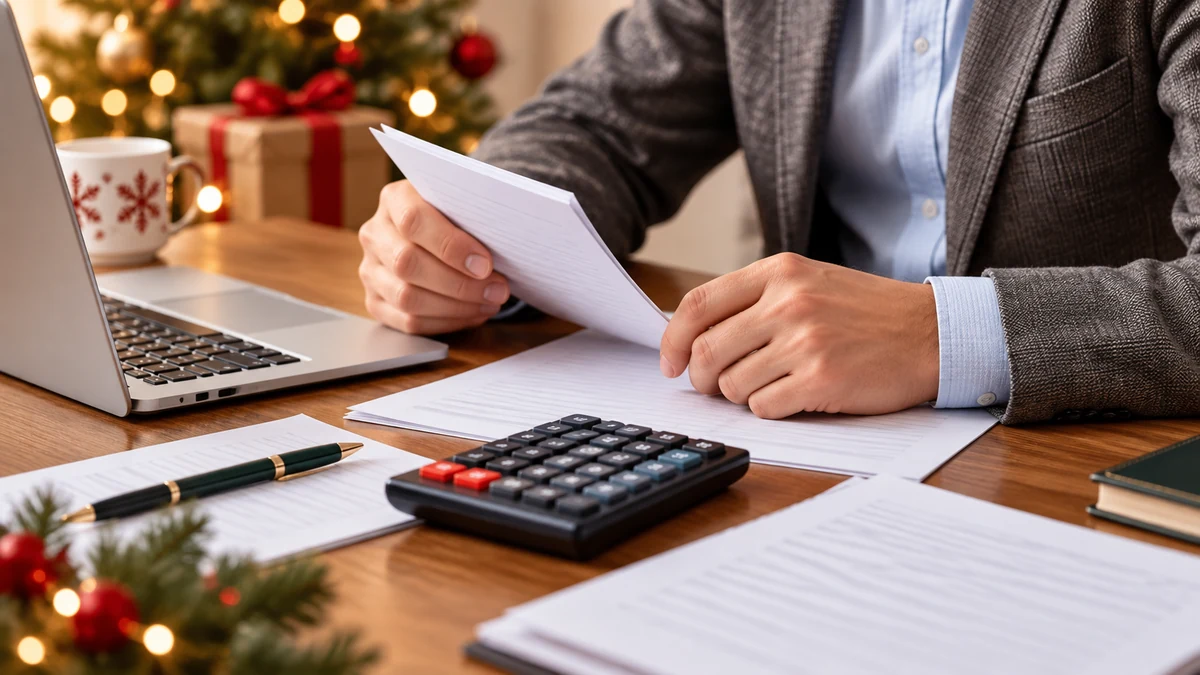 Mains tenant des documents près d’une calculatrice dans un décor de Noël