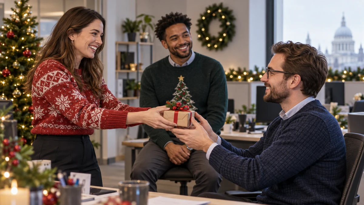 Deux collègues échangent un cadeau dans un bureau décoré pour Noël