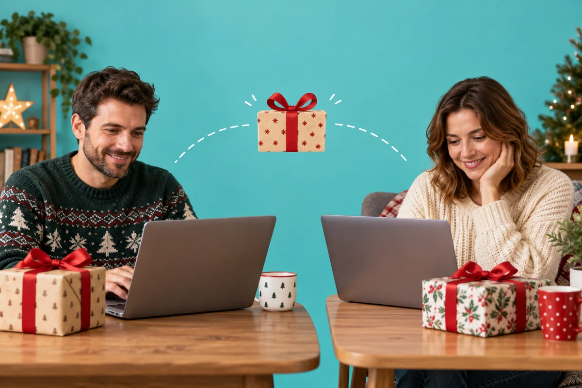 Deux adultes devant leurs ordinateurs, reliés par un motif illustrant un échange de cadeaux Deux adultes devant leurs ordinateurs, reliés par un motif illustrant un échange de cadeaux