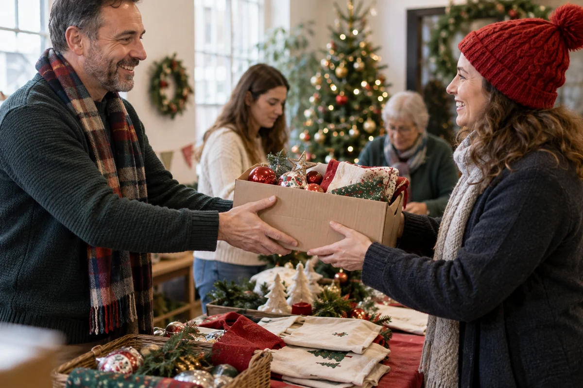 Illustration d’un échange de décorations de Noël entre adultes
