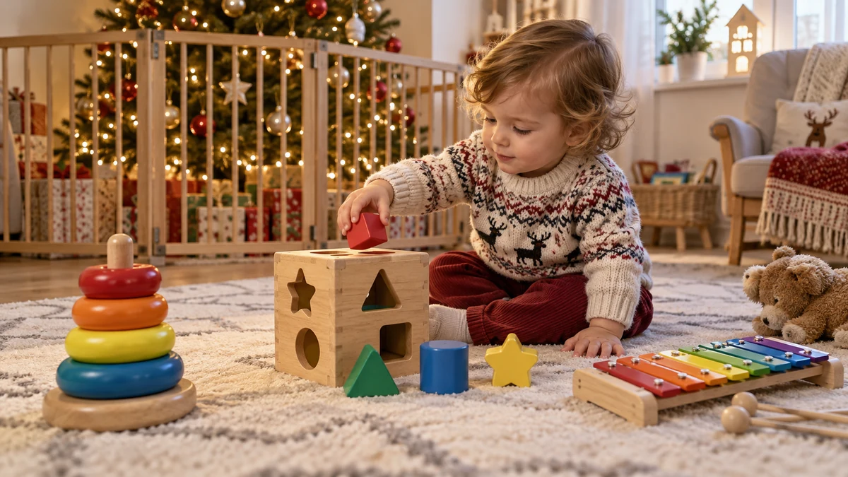 Un enfant joue avec une boîte à formes près de jouets colorés
