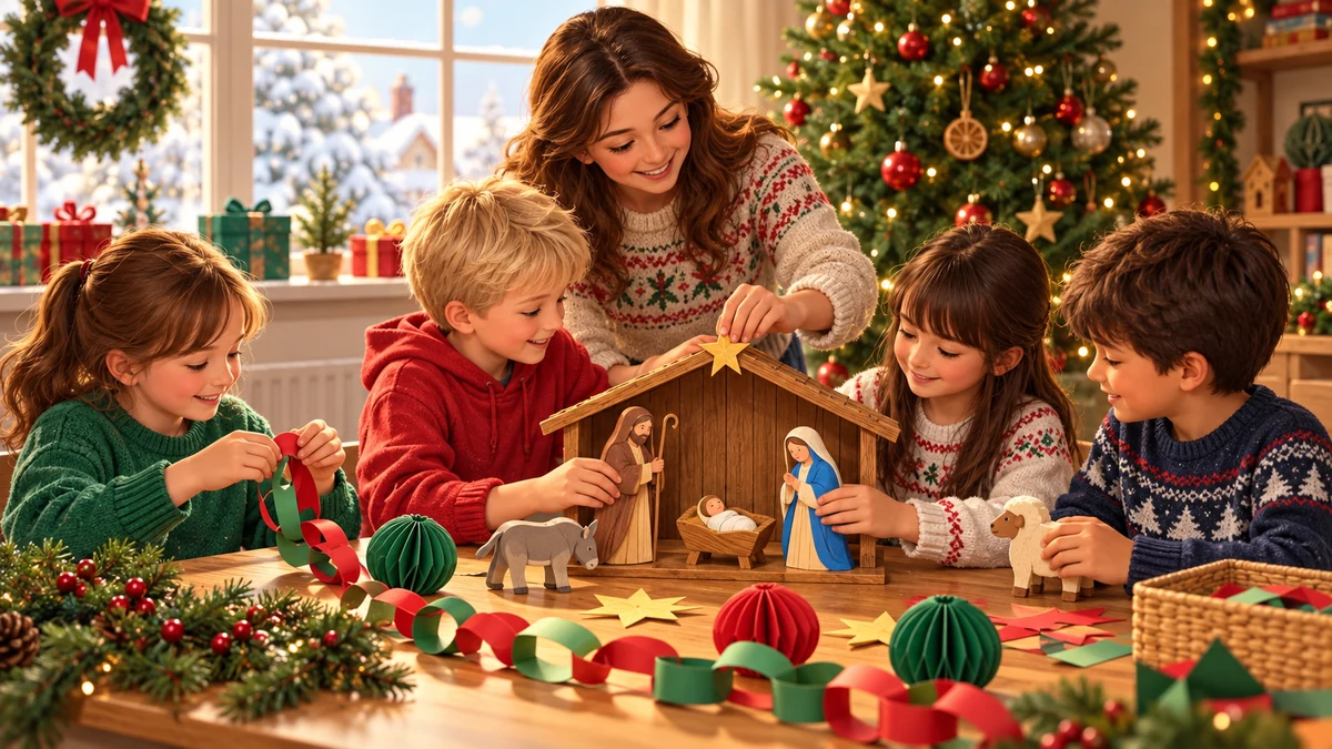 Illustration d’enfants accompagnés d’une adulte pour installer une crèche Illustration d’enfants accompagnés d’une adulte pour installer une crèche