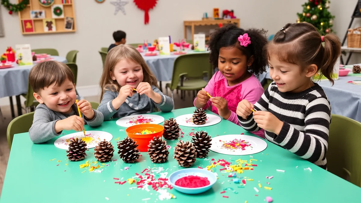 Illustration de quatre enfants réalisant des décorations avec des pommes de pin
