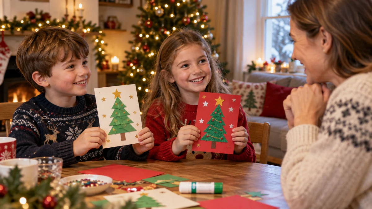 Deux enfants montrent leurs cartes de Noël faites main à un adulte Deux enfants montrent leurs cartes de Noël faites main à un adulte