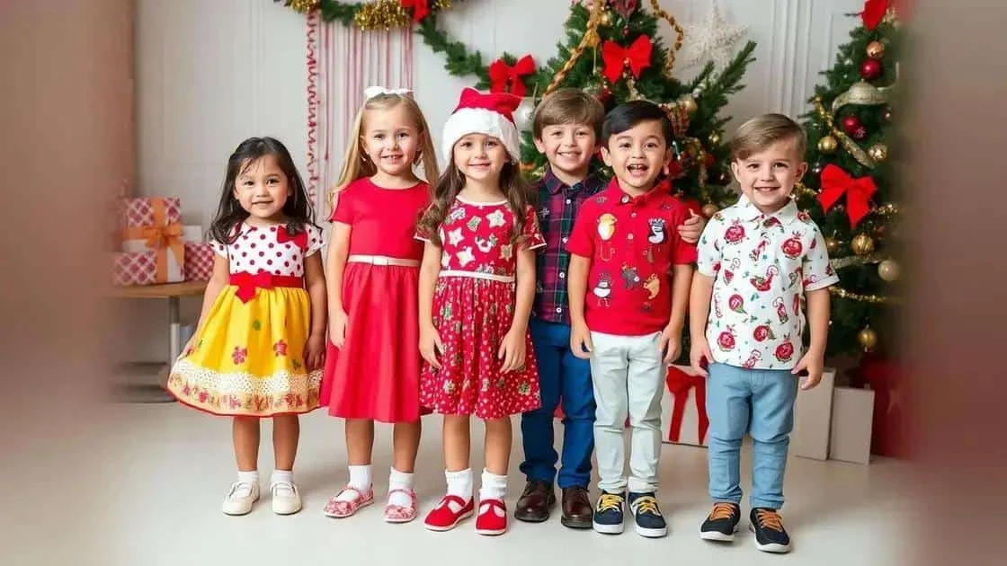 Six enfants en robes et chemises festives devant un sapin de Noël