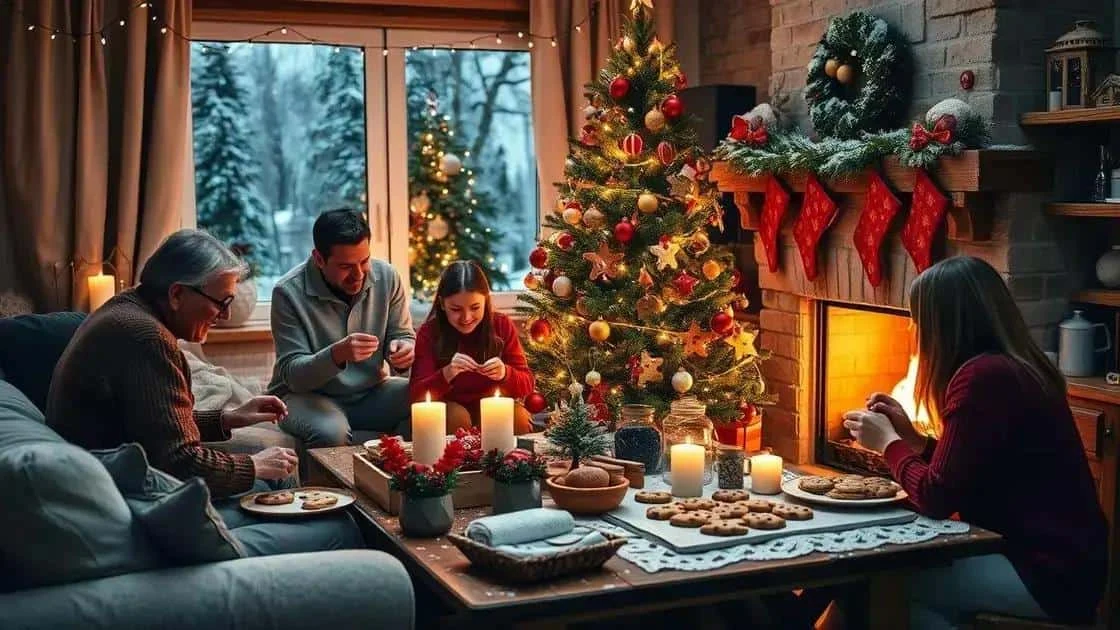 Famille partageant des biscuits dans un salon décoré pour Noël Famille partageant des biscuits dans un salon décoré pour Noël