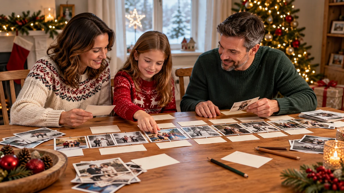 Une famille classe des photos avec des cartes destinées aux légendes