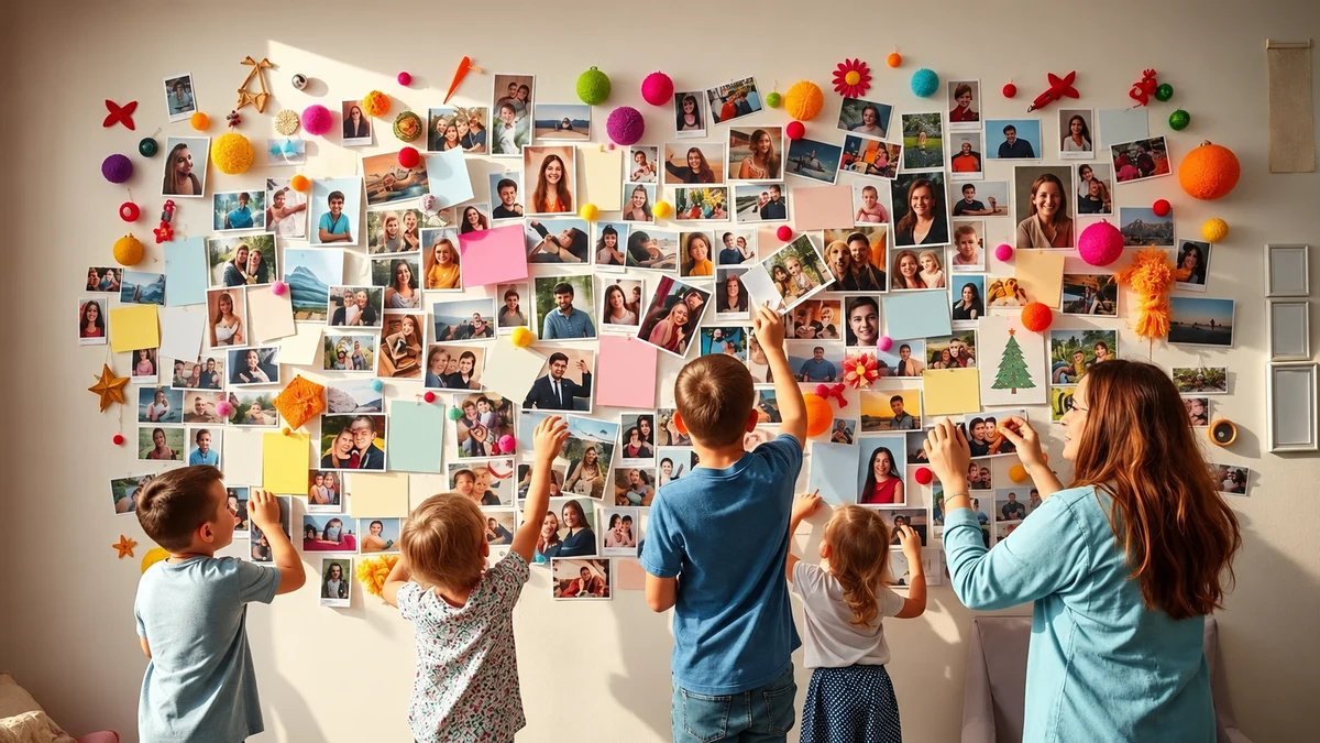 Une adulte et quatre enfants composant un mur de photographies et de souvenirs