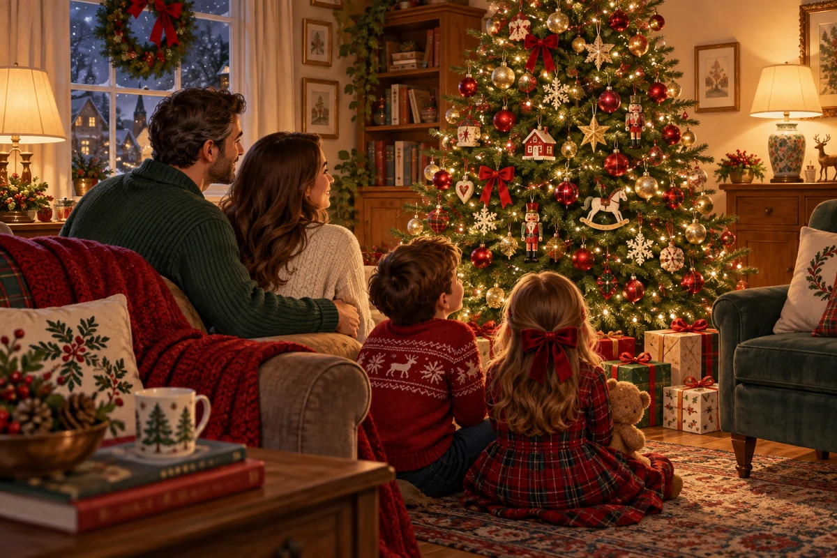 Illustration de deux adultes et deux enfants devant un sapin de Noël illuminé Illustration de deux adultes et deux enfants devant un sapin de Noël illuminé