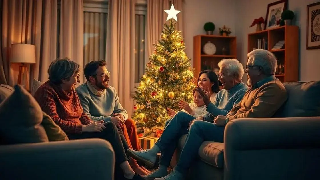 Une famille partage une conversation près d’un sapin de Noël