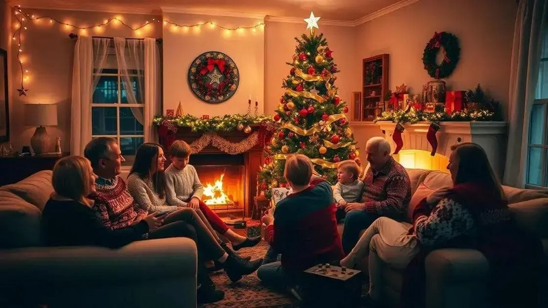 Famille réunie dans un salon pour partager des souvenirs près du sapin de Noël