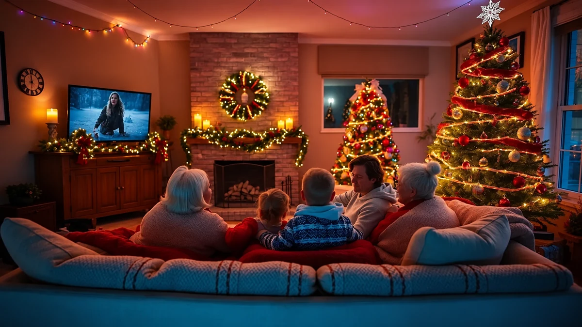 Famille vue de dos devant un écran dans un salon décoré pour Noël Famille vue de dos devant un écran dans un salon décoré pour Noël
