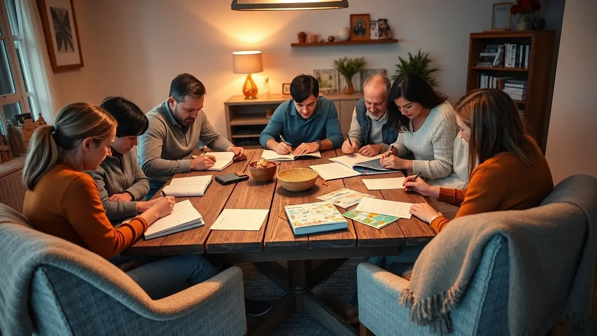Famille écrivant dans des carnets pour revenir sur les souvenirs de l’année