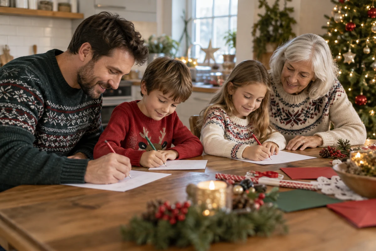Deux adultes et deux enfants écrivent ensemble à une table décorée pour Noël