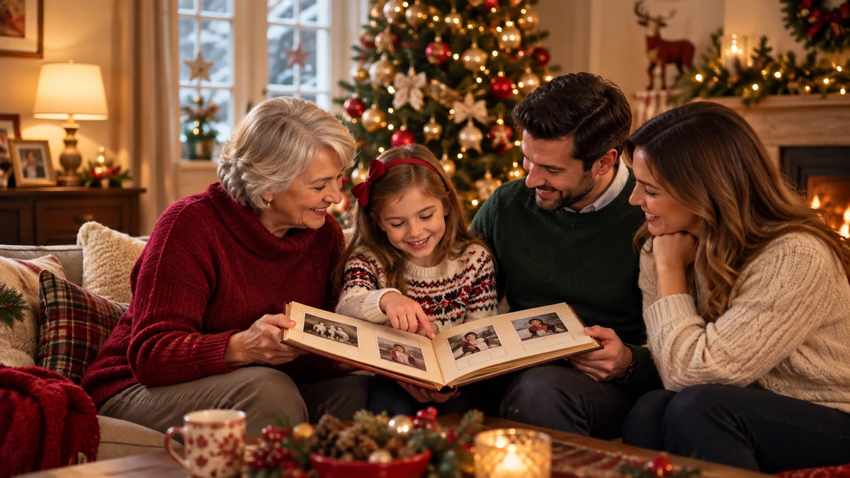 Une famille feuillette un album de photographies près du sapin de Noël
