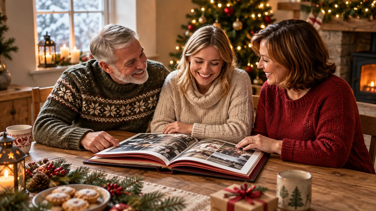 Trois proches feuilletant un album de photographies à Noël