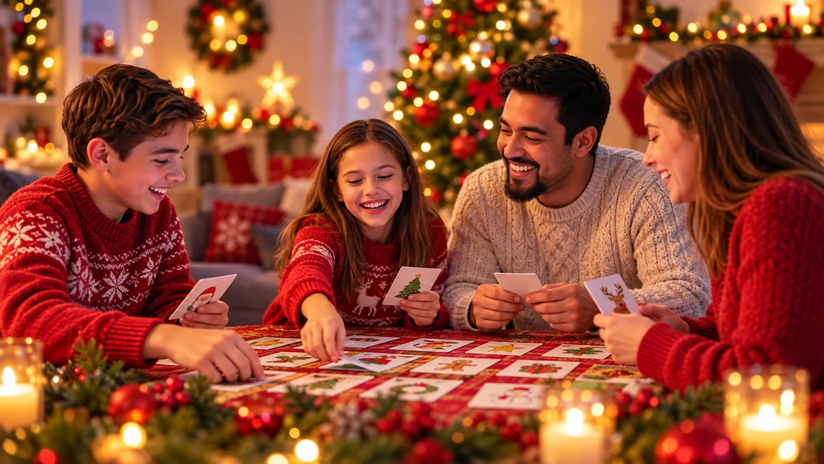 Deux adultes et deux enfants jouent avec des cartes de Noël