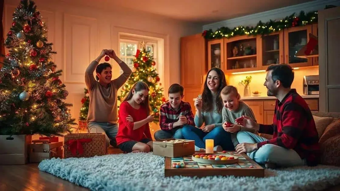 Famille jouant ensemble dans un salon décoré pour Noël