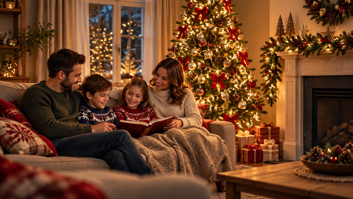 Une famille lit ensemble sur un canapé près d’un sapin de Noël