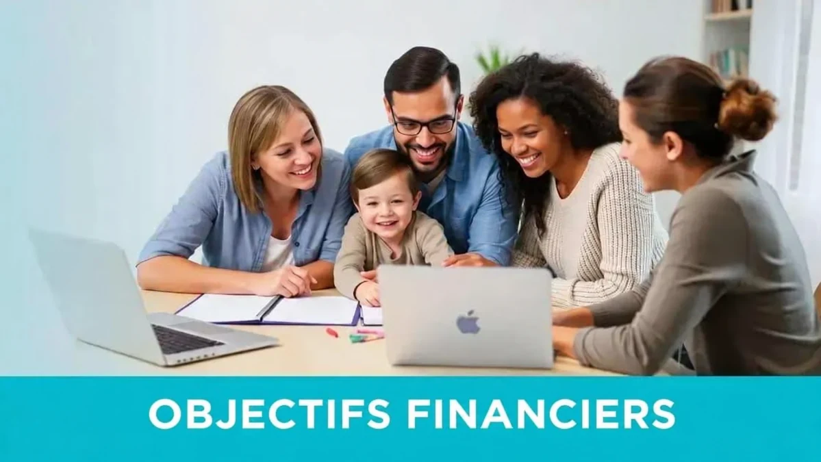 Une famille autour d’un ordinateur, avec une bannière Objectifs financiers