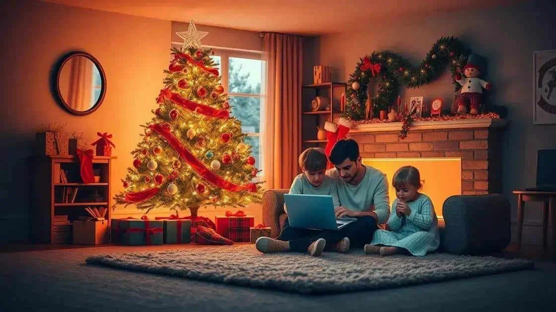 Un adulte et deux enfants regardent un ordinateur près d’un sapin de Noël Un adulte et deux enfants regardent un ordinateur près d’un sapin de Noël