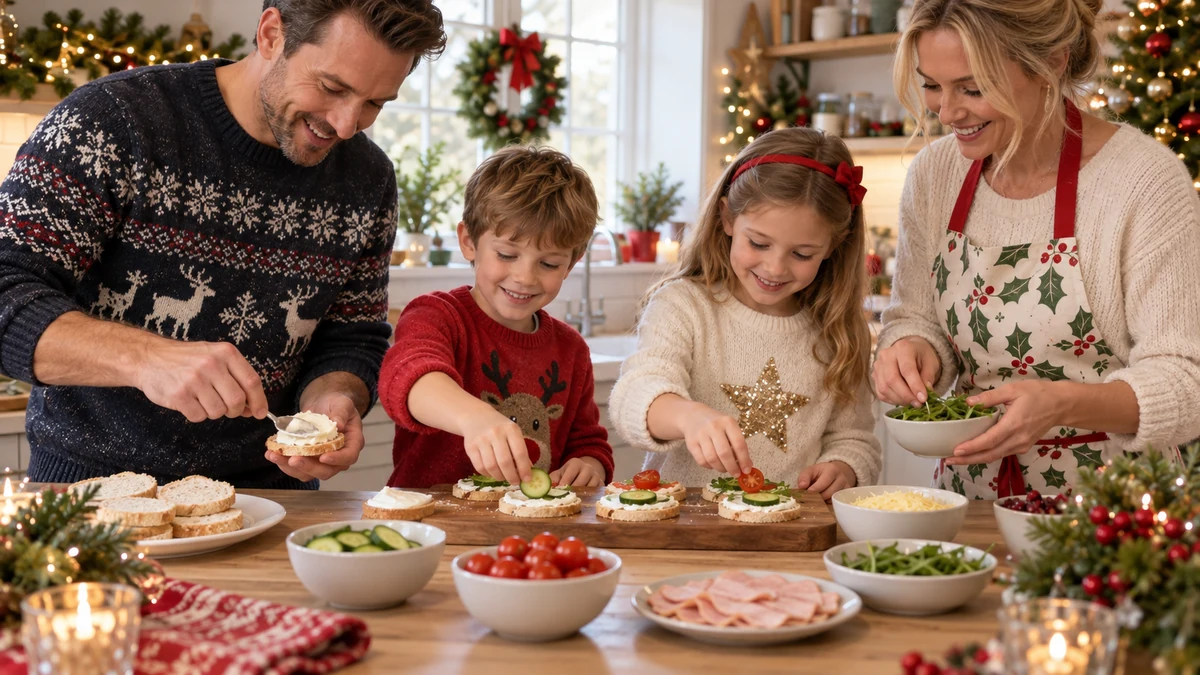 Parents et enfants assemblent des sandwichs dans une cuisine décorée pour Noël