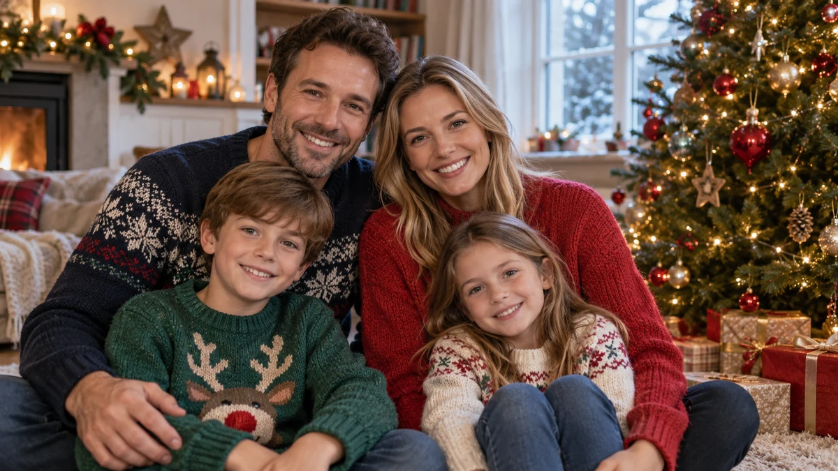 Parents et enfants en pulls confortables devant un sapin de Noël