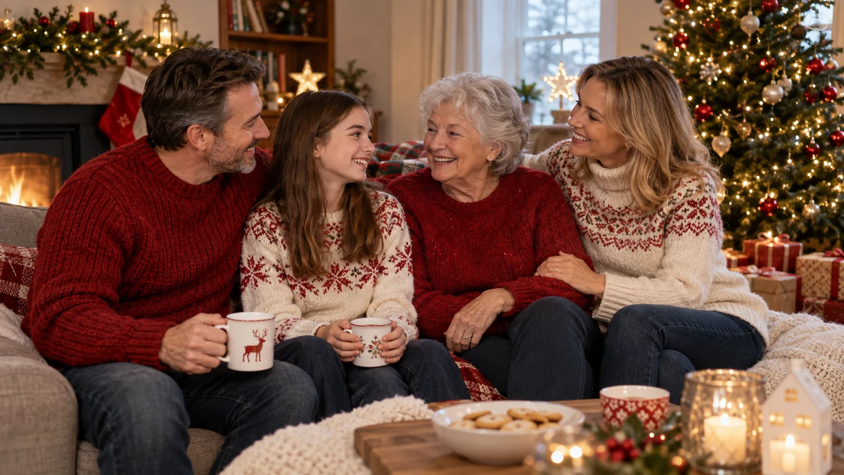 Famille portant des pulls rouges et écrus assortis devant le sapin