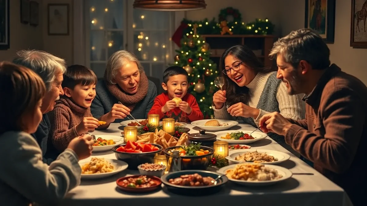 Famille partageant un repas de Noël, un enfant tenant un petit pain