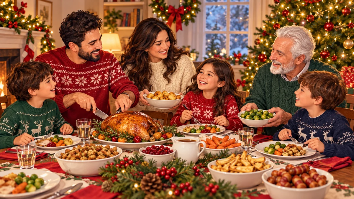 Une famille partage un repas de Noël autour d’une table garnie Une famille partage un repas de Noël autour d’une table garnie
