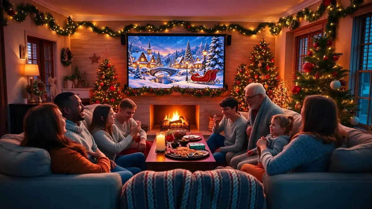 Illustration d’une famille réunie dans un salon de Noël devant un village enneigé à l’écran
