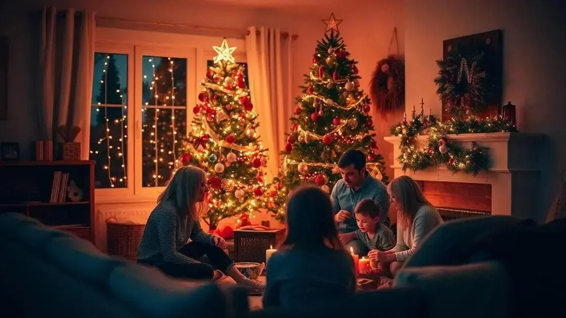 Une famille réunie près de sapins de Noël décorés