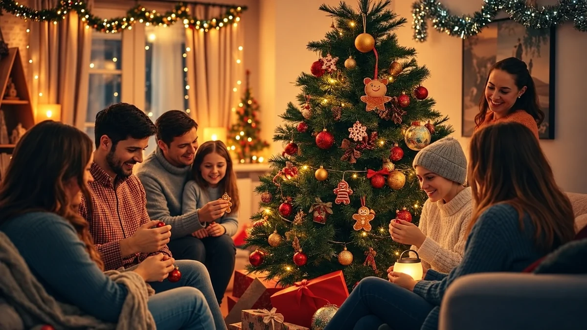Famille réunie près du sapin de Noël avec une petite lanterne sans flamme Famille réunie près du sapin de Noël avec une petite lanterne sans flamme