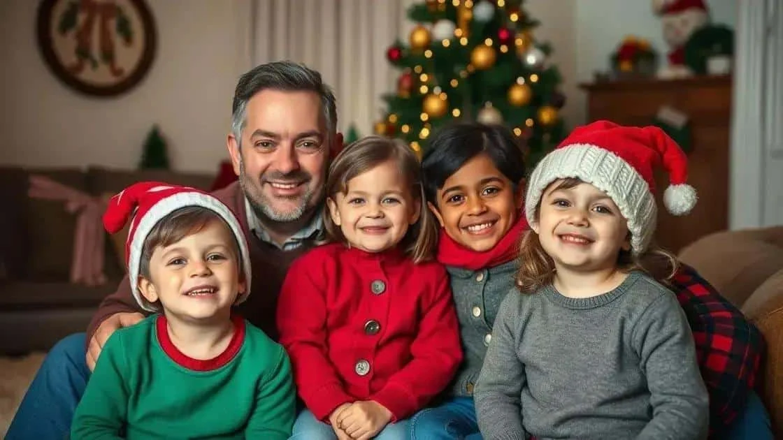 Un adulte et quatre enfants en vêtements festifs devant un sapin