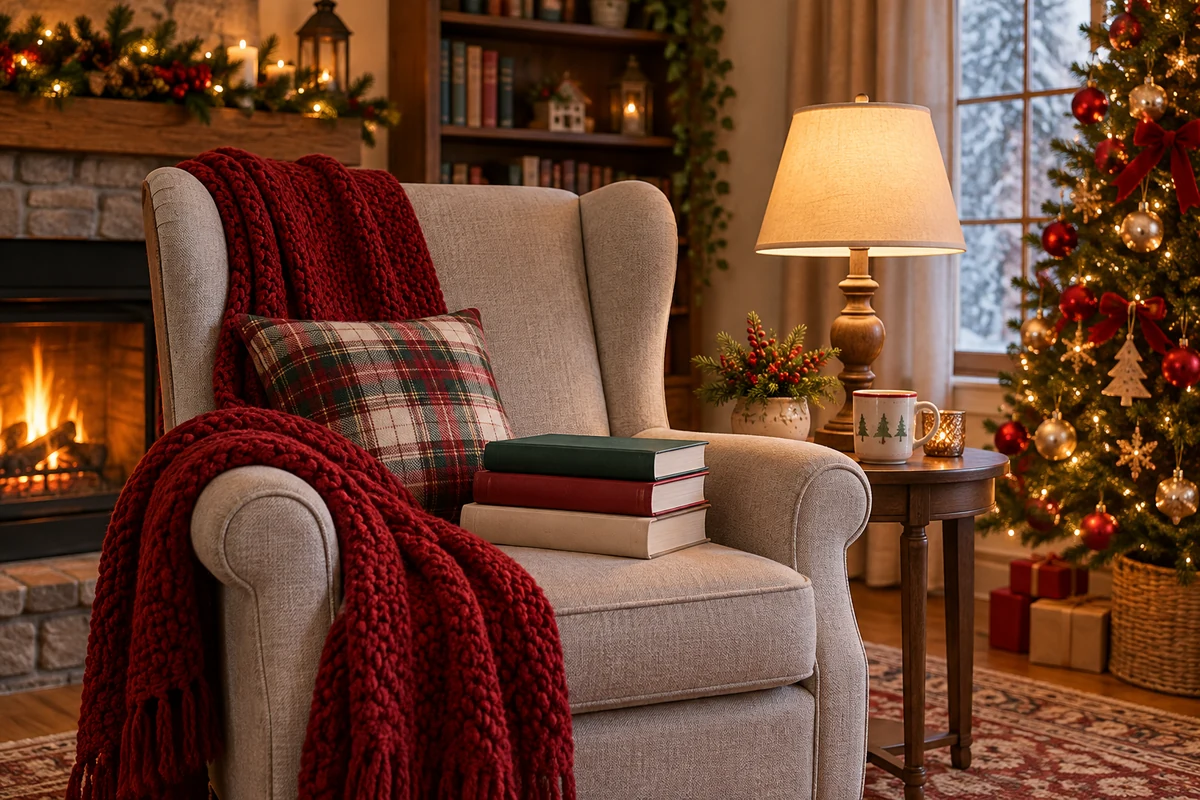 Fauteuil avec trois livres, un plaid et une lampe près d’un sapin de Noël