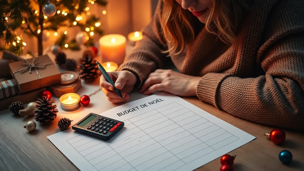 Une femme préparant une feuille de budget de Noël Une femme préparant une feuille de budget de Noël