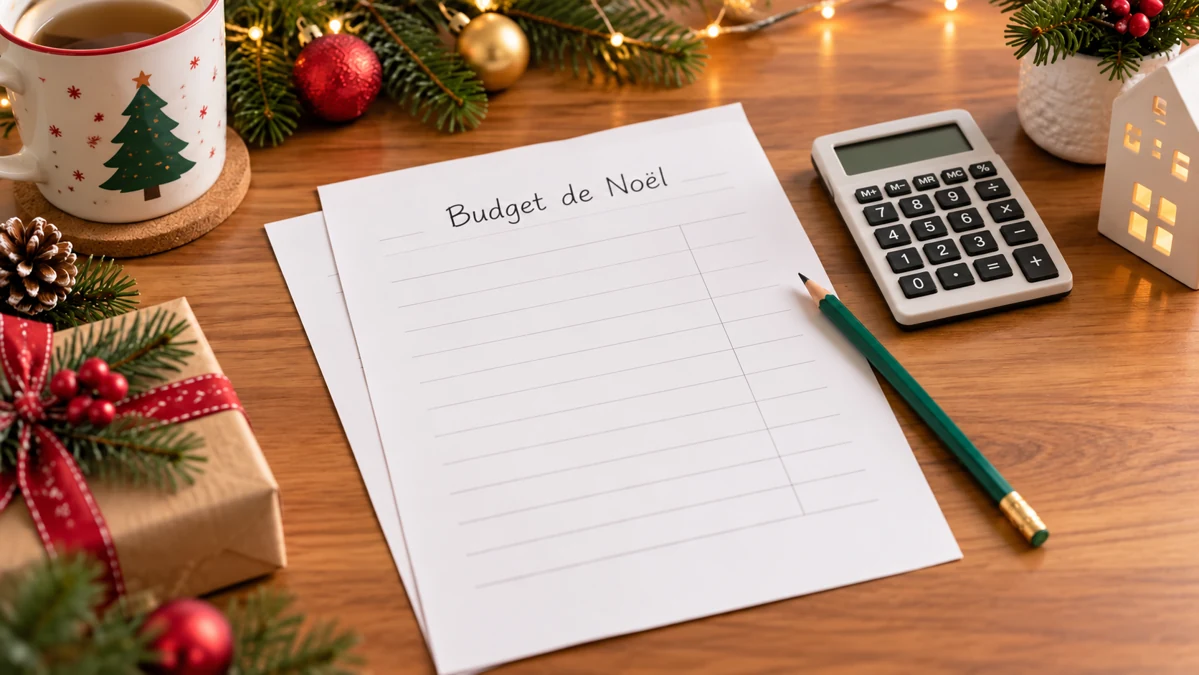 Une fiche Budget de Noël avec une calculatrice et un crayon