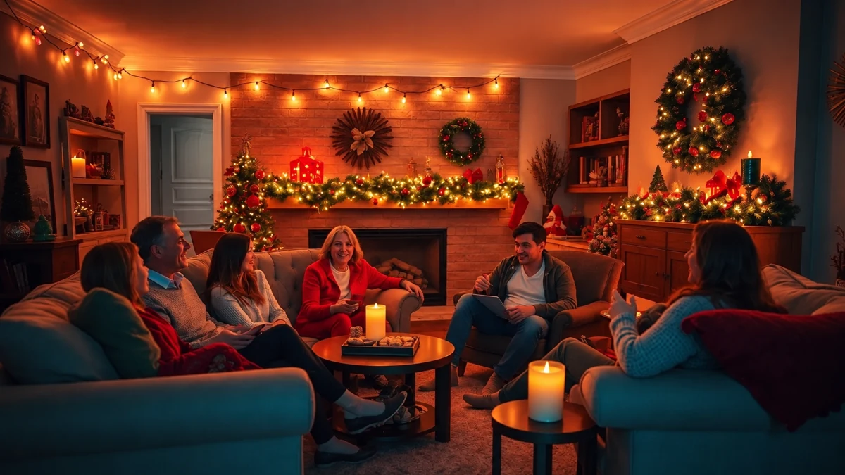 Six adultes discutant dans un salon décoré pour une soirée de Noël