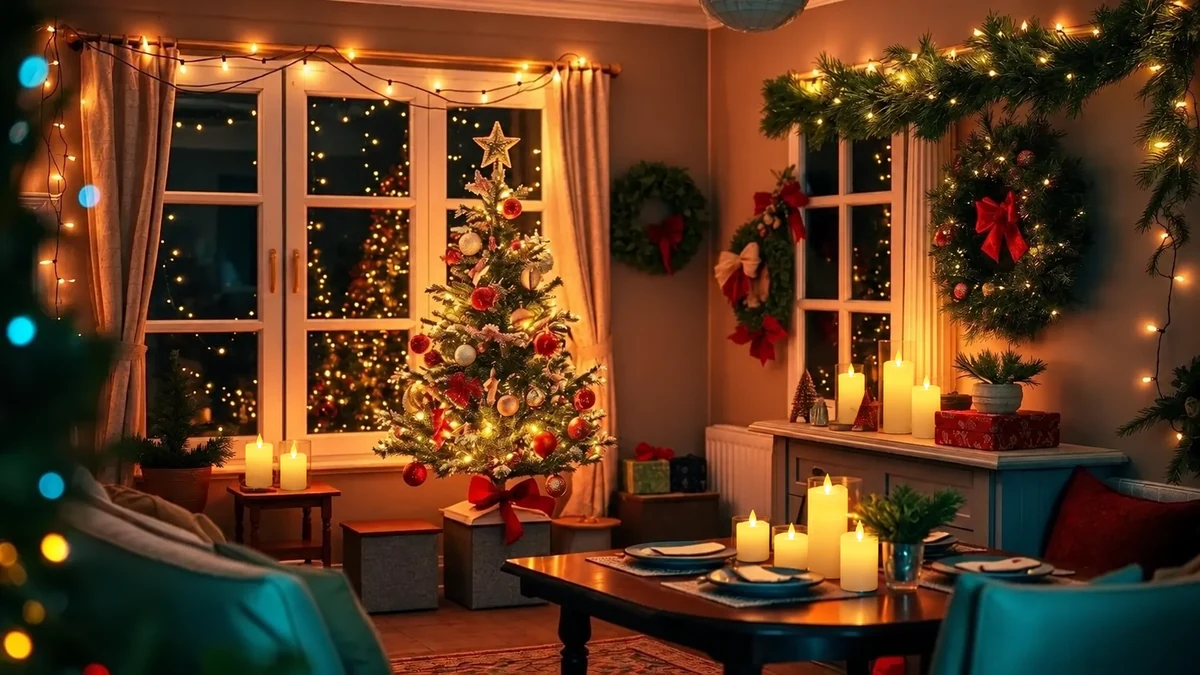 Un hébergement décoré pour Noël avec des lumières et des bougies LED Un hébergement décoré pour Noël avec des lumières et des bougies LED