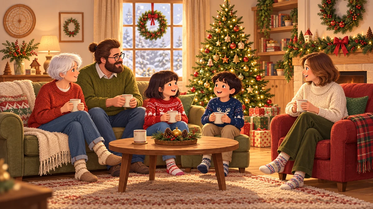 Illustration d’une famille réunie dans un salon près du sapin de Noël Illustration d’une famille réunie dans un salon près du sapin de Noël