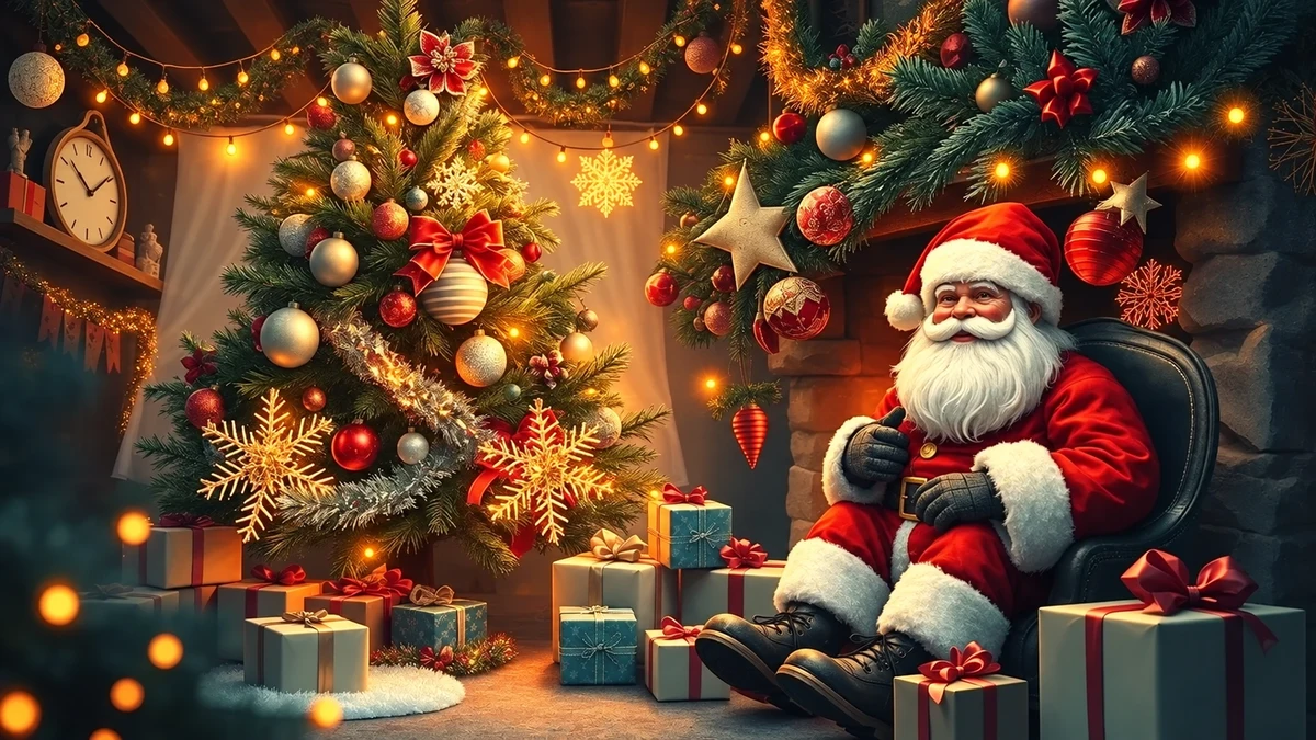 Illustration du Père Noël assis près d’un sapin décoré et de cadeaux