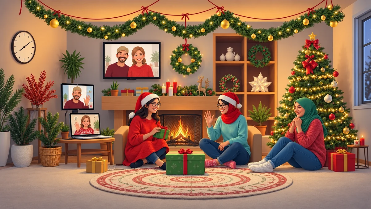 Illustration de proches échangeant en appel vidéo dans un salon de Noël Illustration de proches échangeant en appel vidéo dans un salon de Noël