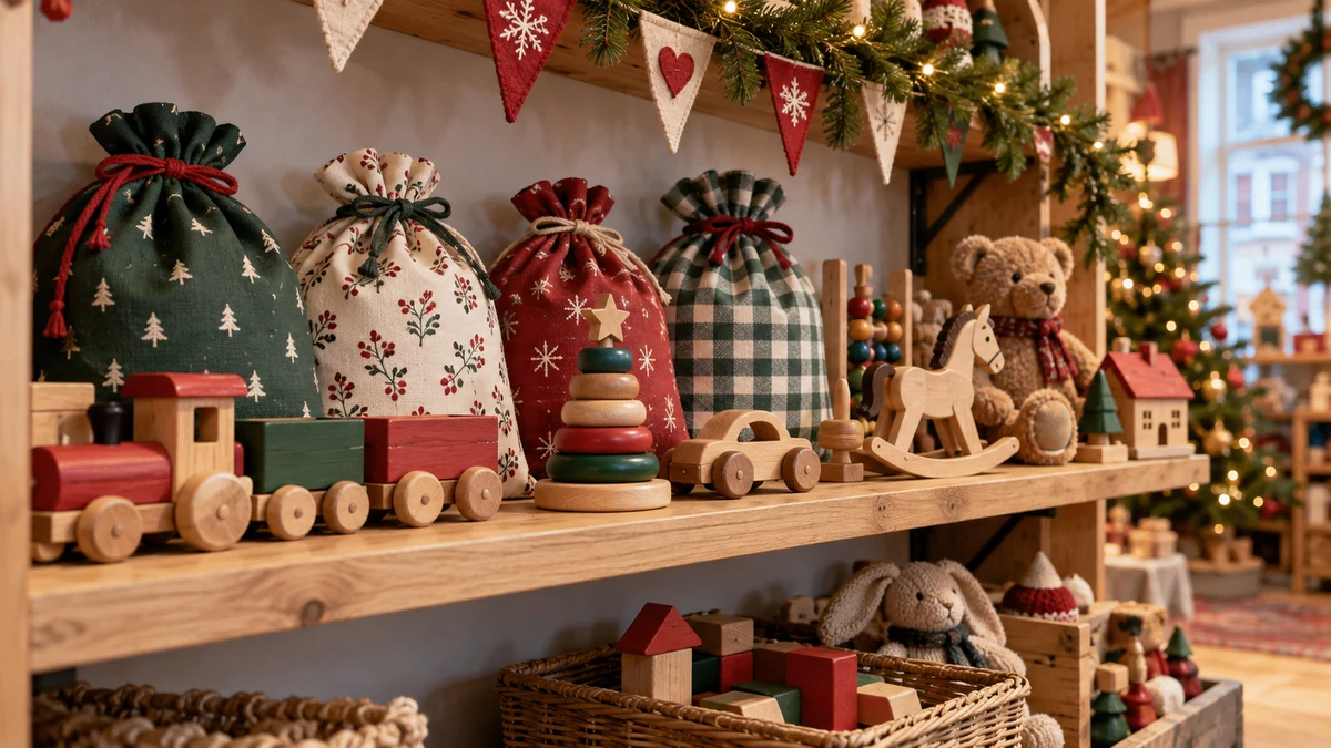 Jouets en bois et sacs cadeaux en tissu sur une étagère