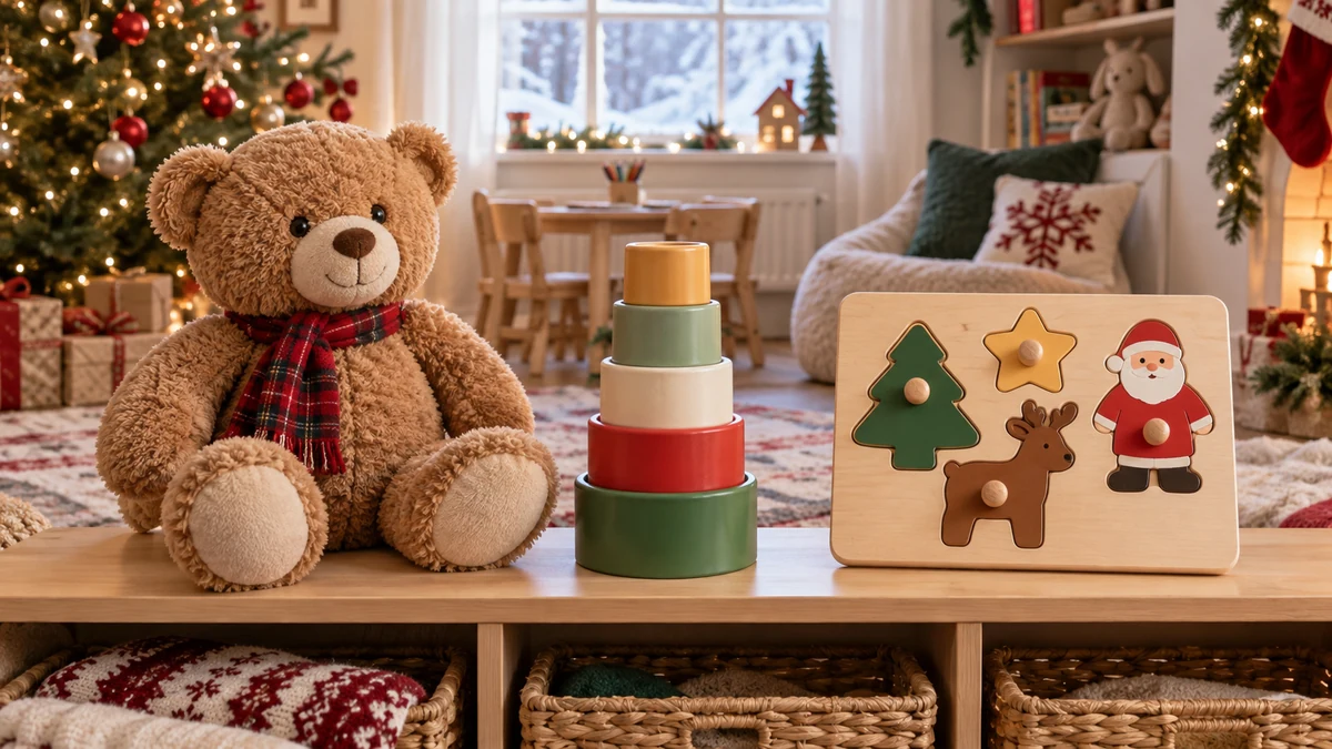 Ours en peluche, gobelets à empiler et puzzle de Noël
