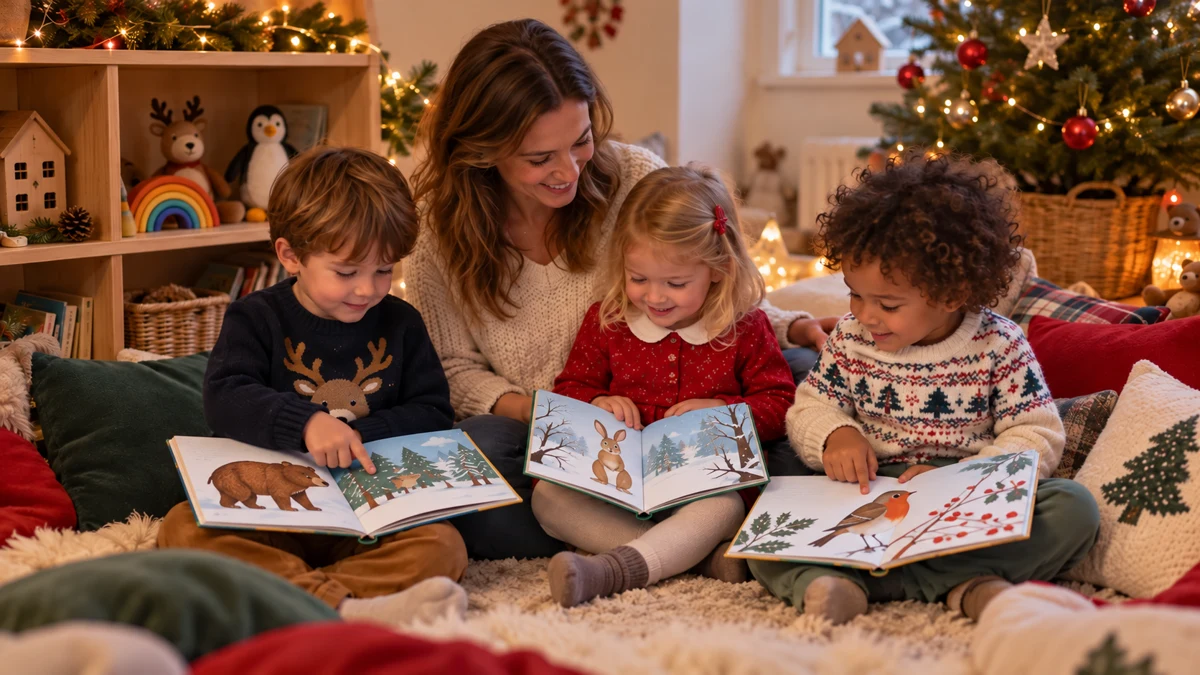 Un adulte et trois enfants partagent des albums illustrés dans un salon de Noël