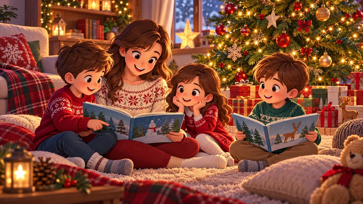 Dessin d’une adulte et de trois enfants découvrant des albums illustrés près du sapin