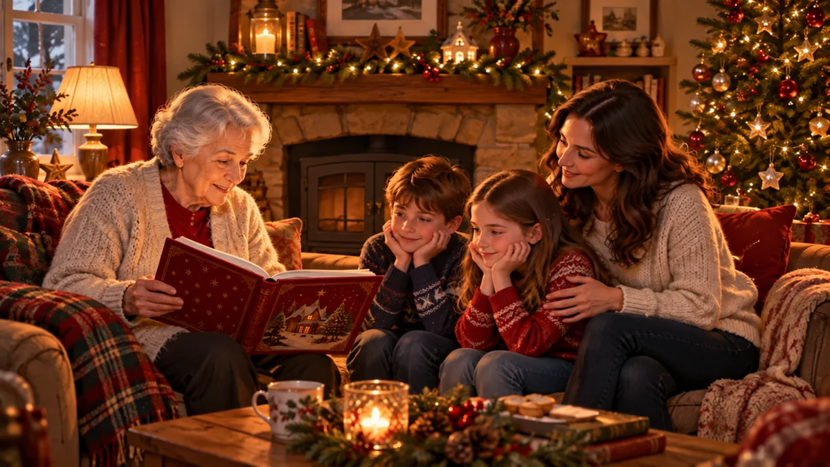 Une grand-mère lit un livre avec une mère et deux enfants à Noël Une grand-mère lit un livre avec une mère et deux enfants à Noël